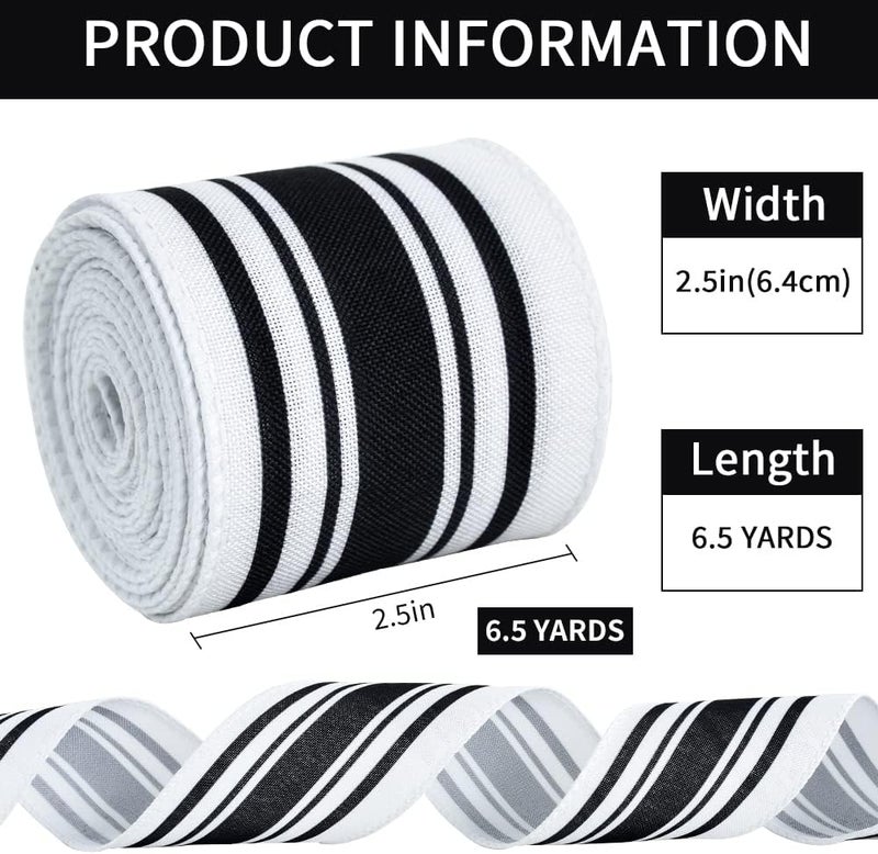 TONIFUL 2.5 Inch Black and White Striped Wired Edge Ribbon, Burlap Ribbon, Blakc White Wired Ribbon for Gift Wrapping, Wreath Bows Making, Crafts Home Party Christmas Tree Decoration（Striped，6yds） - Image 2